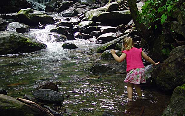 Girl wading mountain stream